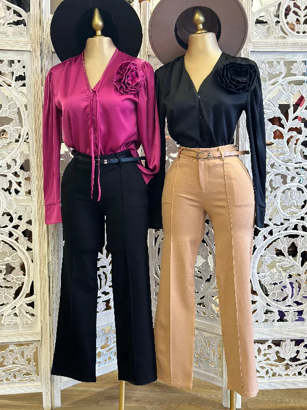 Straight Leg Trousers with Belt- Stretchy