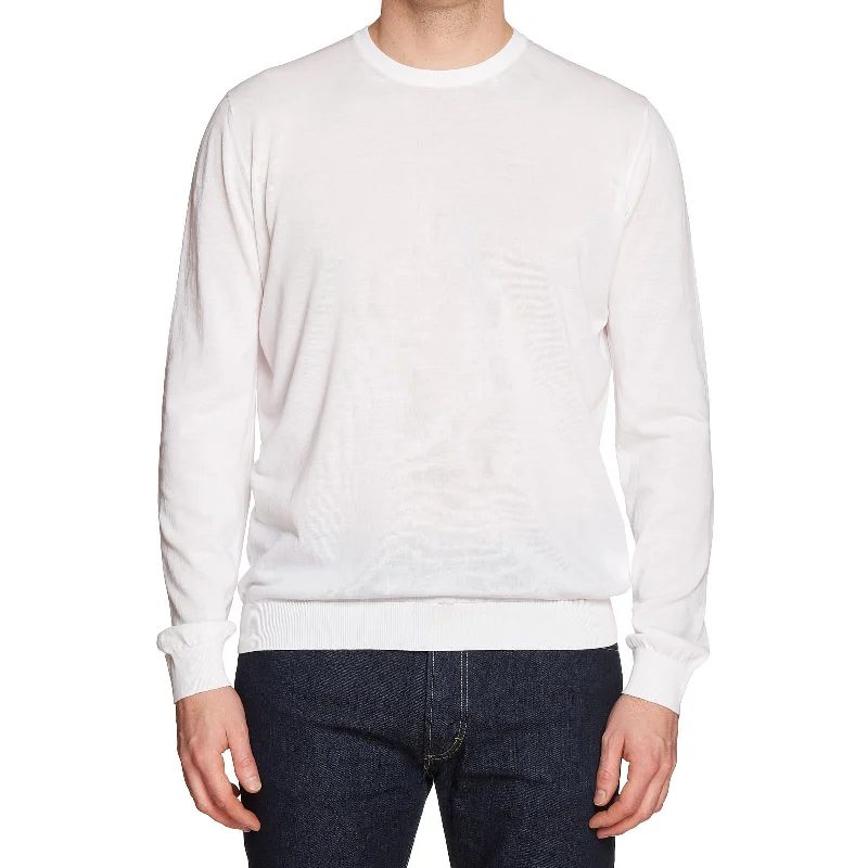 MALO "Makó" Cotton White Semi-Crepe Crewneck Sweater EU 54 NEW US L