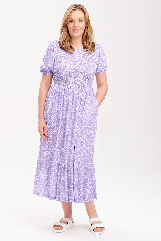 Arabella Midi Shirred Dress - Animal Pastel Love Heart (Lilac)