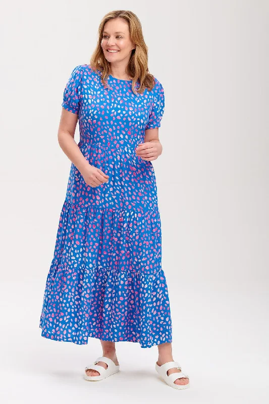 Polly Batik Maxi Tiered Dress Painterly Spot (Blue/Pink)