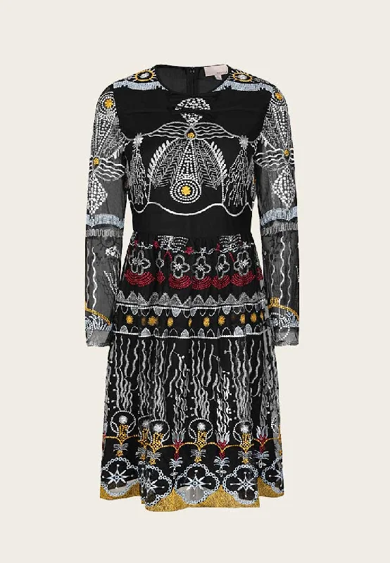 Vintage 80's Tribal Pattern Black Long Sleeve Knee-length Dress