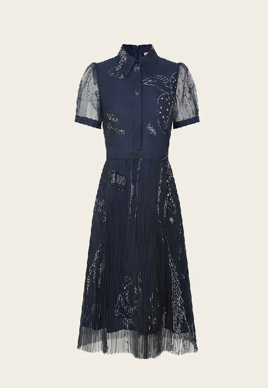 Layered Dark Blue Embroidered Organza Cocktail Dress