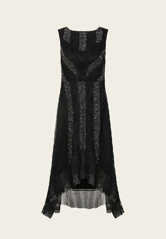 Black Sequins Stripe Detail Lace Sleeveless Cocktail Dress