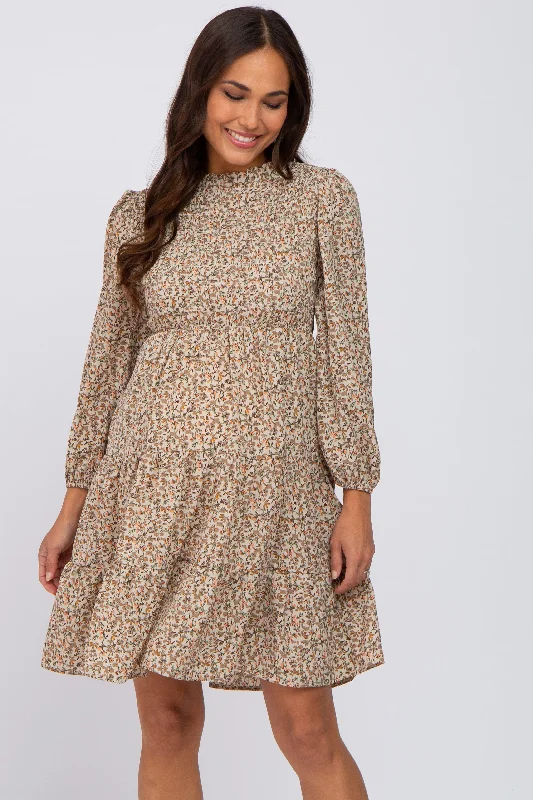 Beige Floral Shirred Mock Neck Maternity Dress