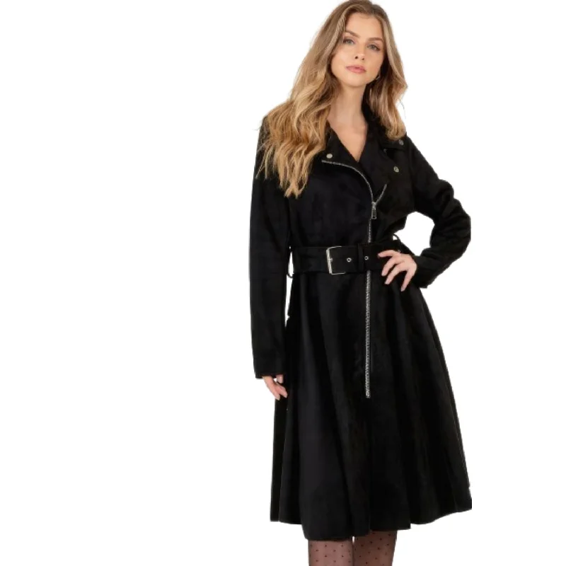 Waist Belt Tacked Faux Suede Coat Solid Coat