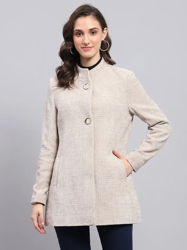 Women Beige Self Design Round Neck Full Sleeve Coat