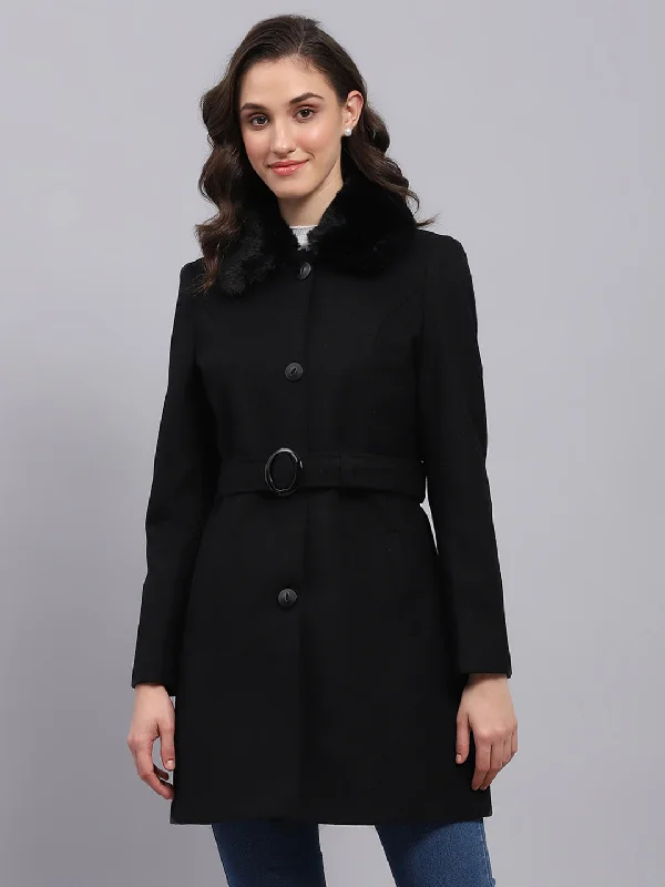 Women Black Solid Collar Full Sleeve Coat