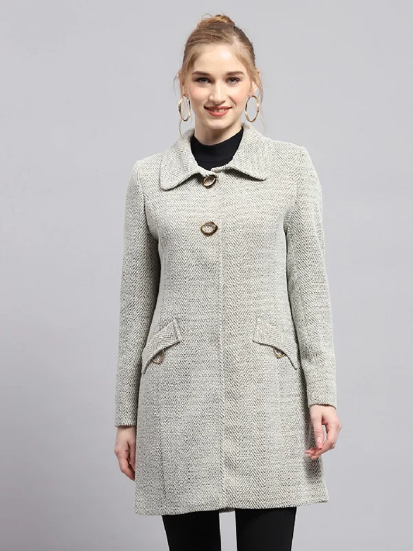 Women Grey Self Design Collar Full Sleeve Coat