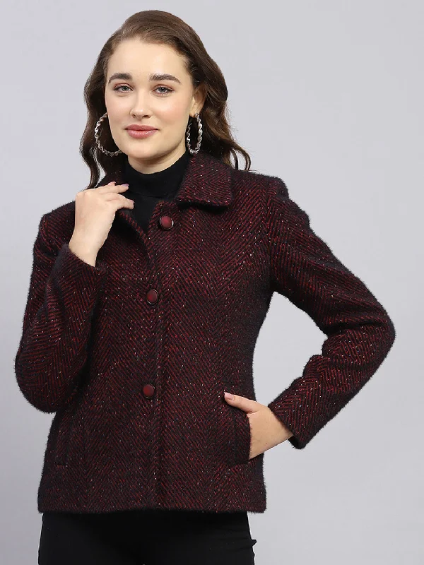 Women Maroon Self Design Collar Full Sleeve Coat