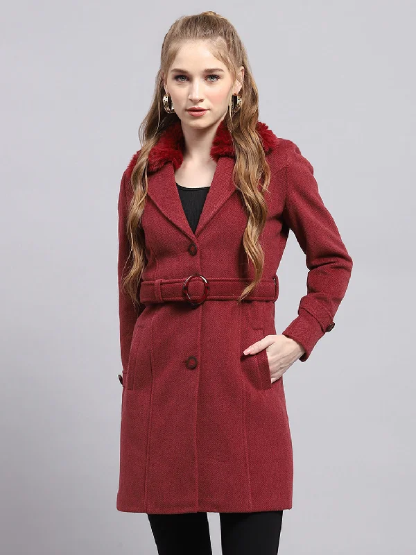 Women Maroon Self Design Collar Full Sleeve Coat