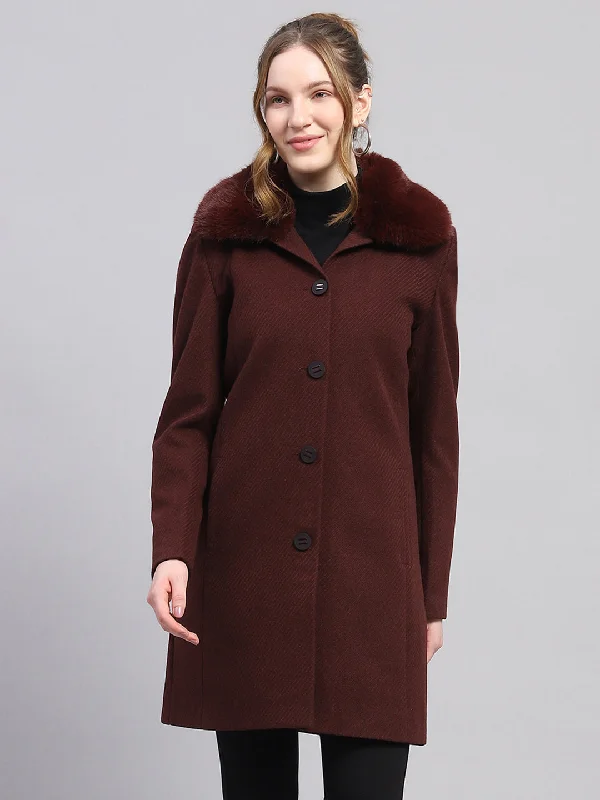 Women Maroon Self Design Notch lapel Collar Full Sleeve Coat