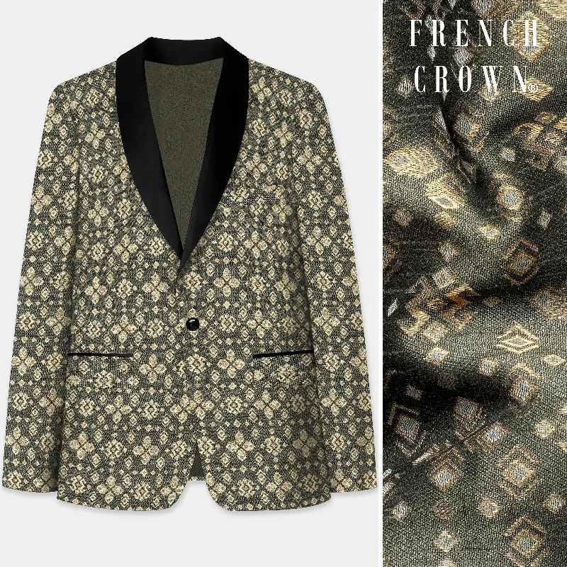 Kelp Green and Fawn Brown Jacquard Weave Tuxedo Blazer