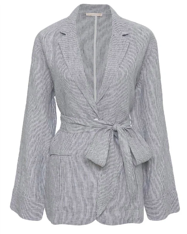 Mini Stripe Linen Blazer In Grey