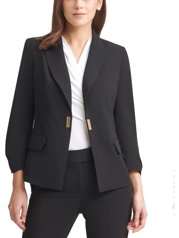 Petites Womens Woven Snap Front One-Button Blazer