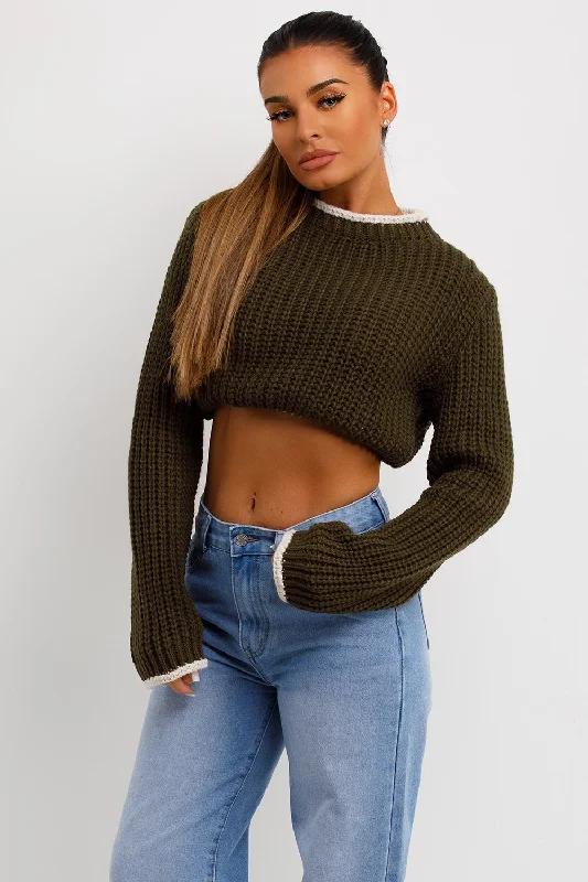 Khaki Long Sleeve Knitted Cropped Jumper