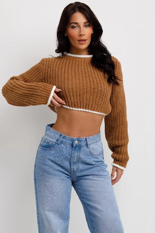 Brown Long Sleeve Knitted Cropped Jumper