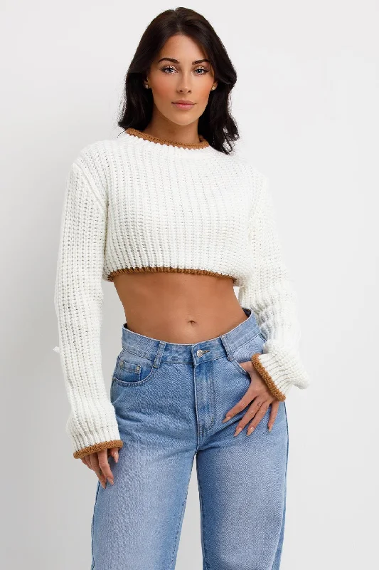 Cream Long Sleeve Knitted Cropped Jumper