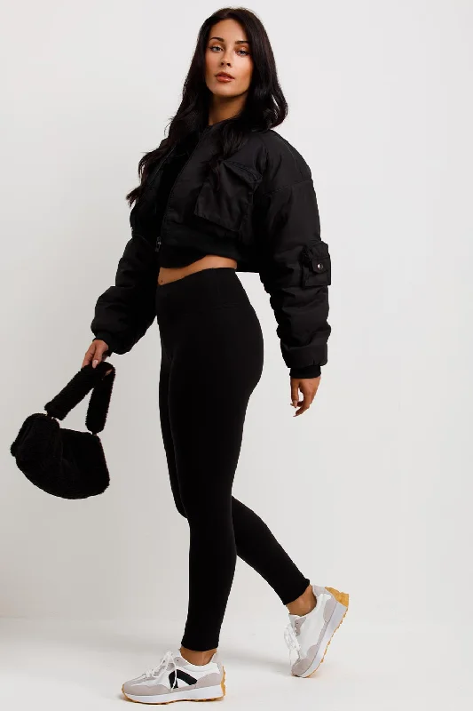 Crop Bomber Jacket With Pockets Black