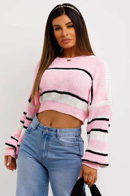 Crop Knitted Jumper With Stripes Pink