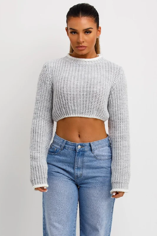 Grey Long Sleeve Knitted Cropped Jumper