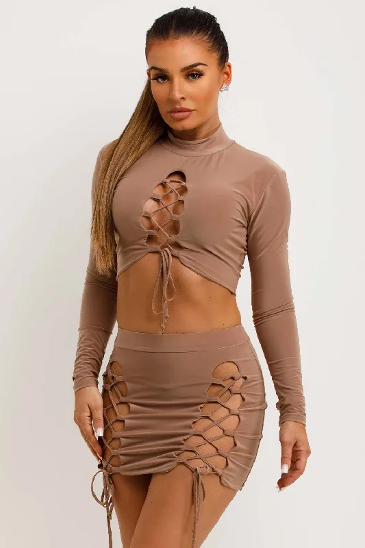 High Neck Long Sleeve Top Skirt Set With Lace Up Detail Stone