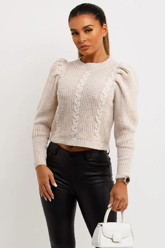 Knitted Jumper With Puff Sleeves Beige