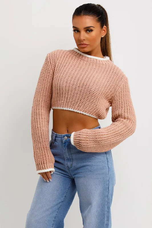 Pink Long Sleeve Knitted Cropped Jumper