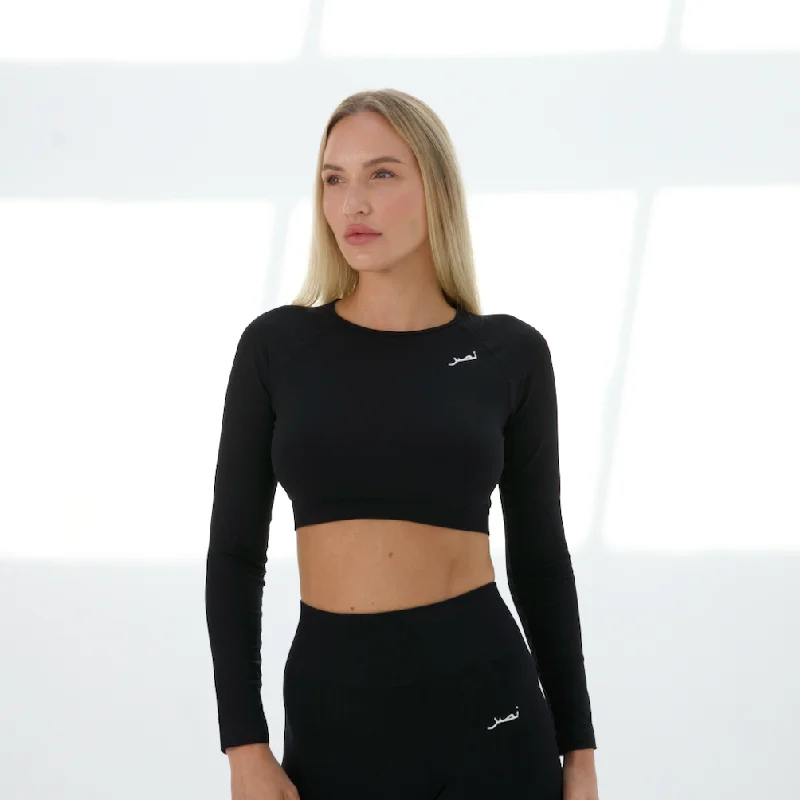 Seamless Long Sleeve Crop Top - Black