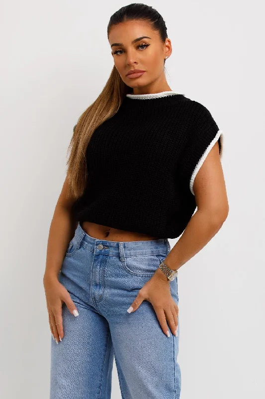 Sleeveless Knitted Crop Jumper Black