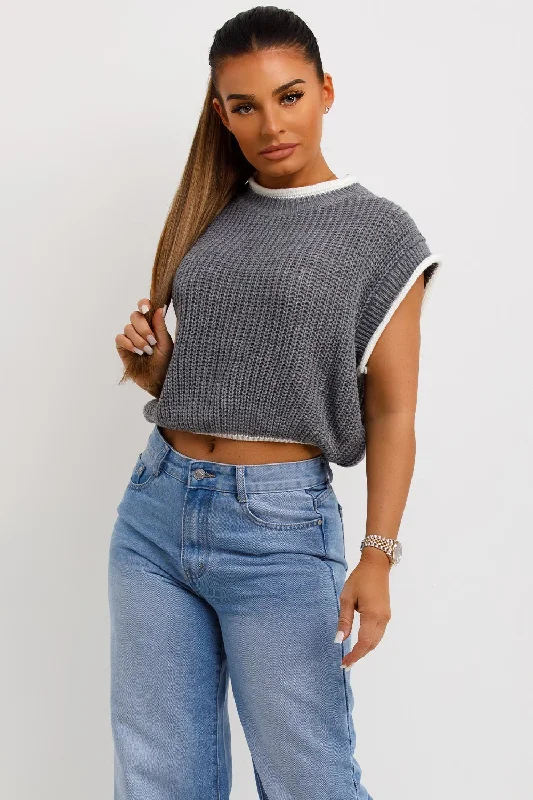 Sleeveless Knitted Crop Jumper Grey