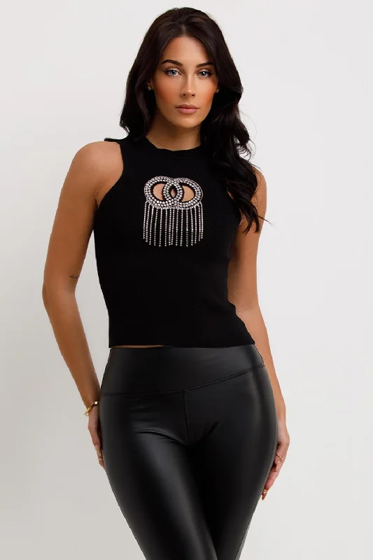 Sparkly Diamante Rib Top Black