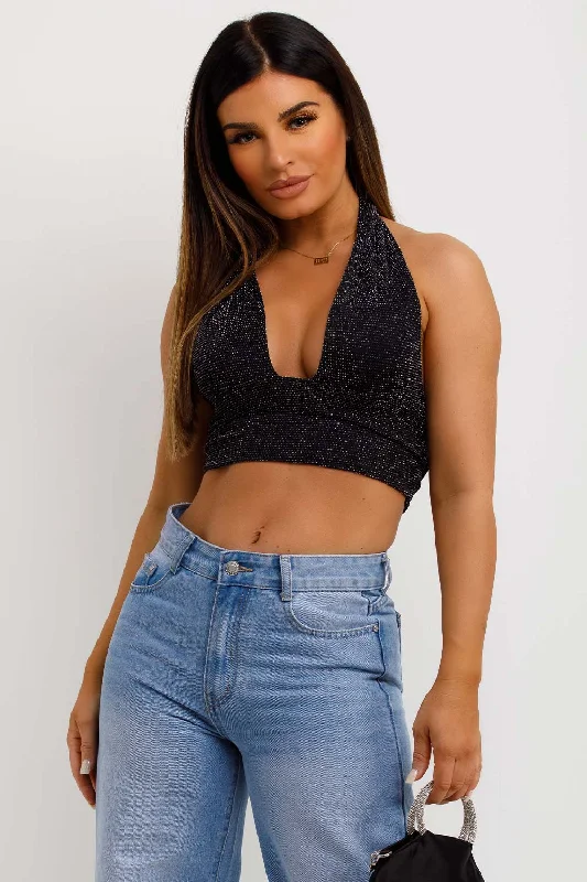 Sparkly Halterneck Crop Top Black